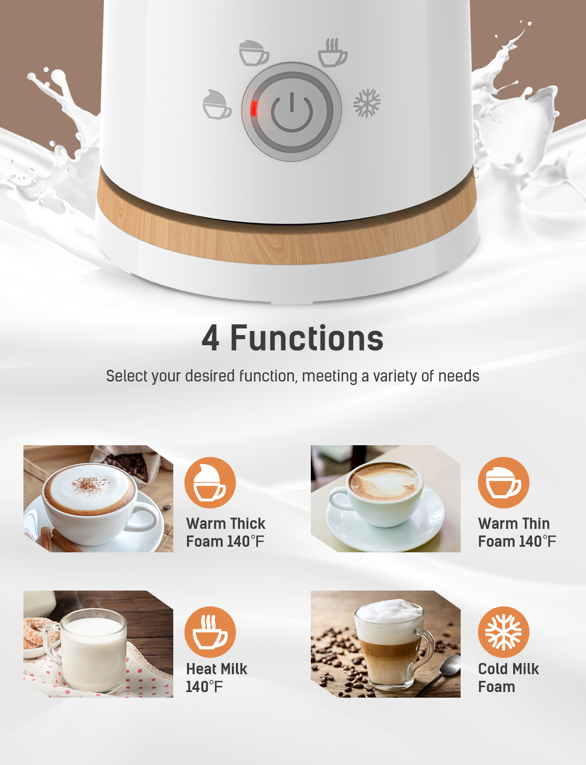 Milk Frother, Electric Milk Steamer with Hot or Cold Functionality