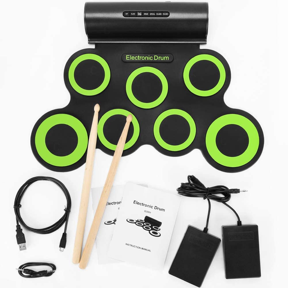 XR Roll-Up MIDI Drum Kit 9 Pads Portable Electronic Drum Set with Built-in Speakers Foldable Roll-Up Touch Electronic Drum for Kids Teens Adults Drummer 