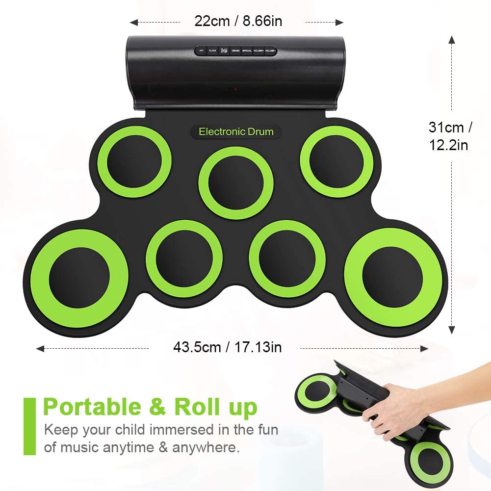 Headphone Jack Rechargeable Battery Portable Silicone 9 Drum Pads Foldable Roll Up Drum Kit with Build in Speakers HONEY JOY Electronic Drum Set and Drum Sticks USB Foot Pedals Supports MIDI 
