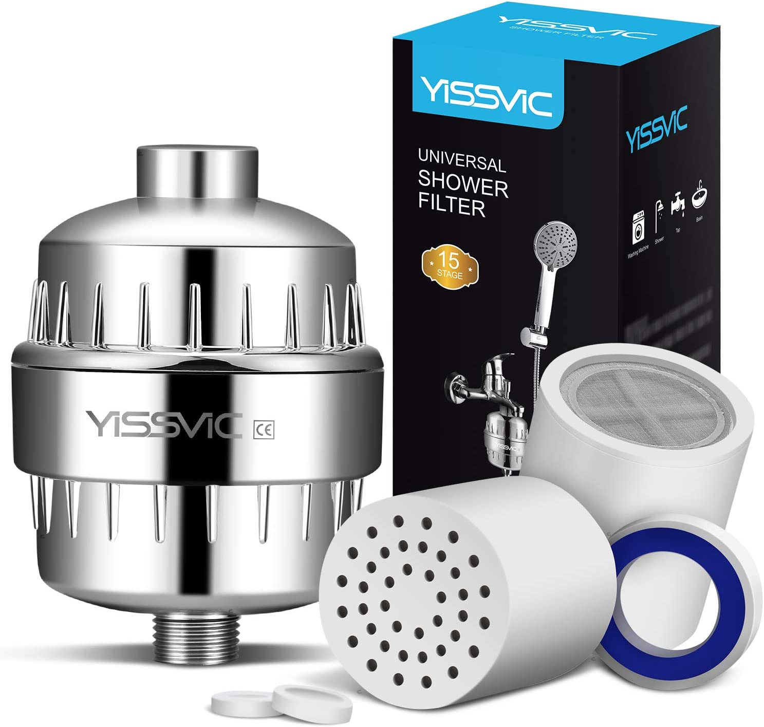 YISSVIC Shower Filter Showerhead Filter 15-Stage Shower Water Filter with 2 Replaceable Cartridges Remove Chlorine Heavy Metal Suitable for Any Shower Head 