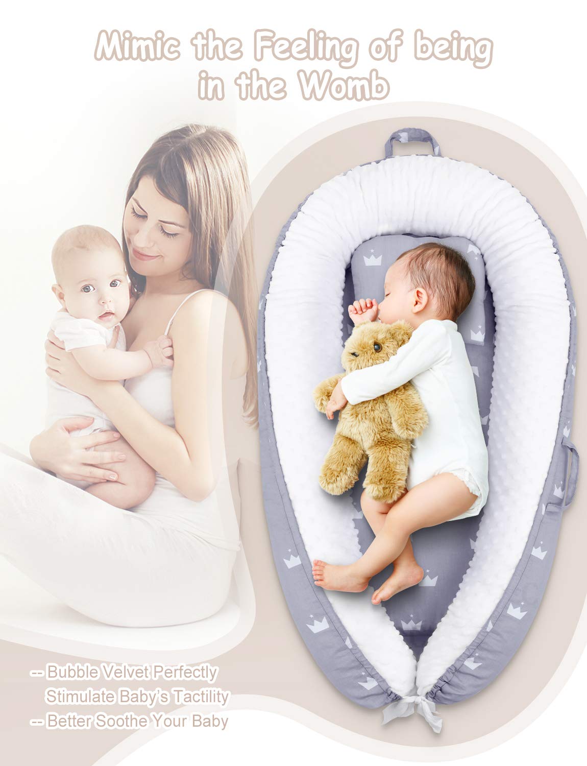 Breathable Comfortable Removable Portable Snuggle Nest Bed for 0-2 Years Old Infant C1 100% Organic Cotton Baby Lounger,Reversible Newborn Co Sleeping Bassinet for Bed 